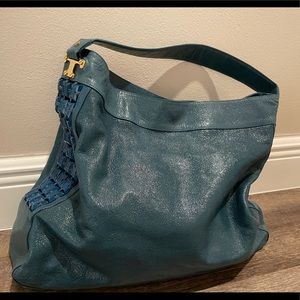 Tory Burch Teal Tidal Blue Slouchy Hobo Bag Beaded Logo Tiles Gold Hardware